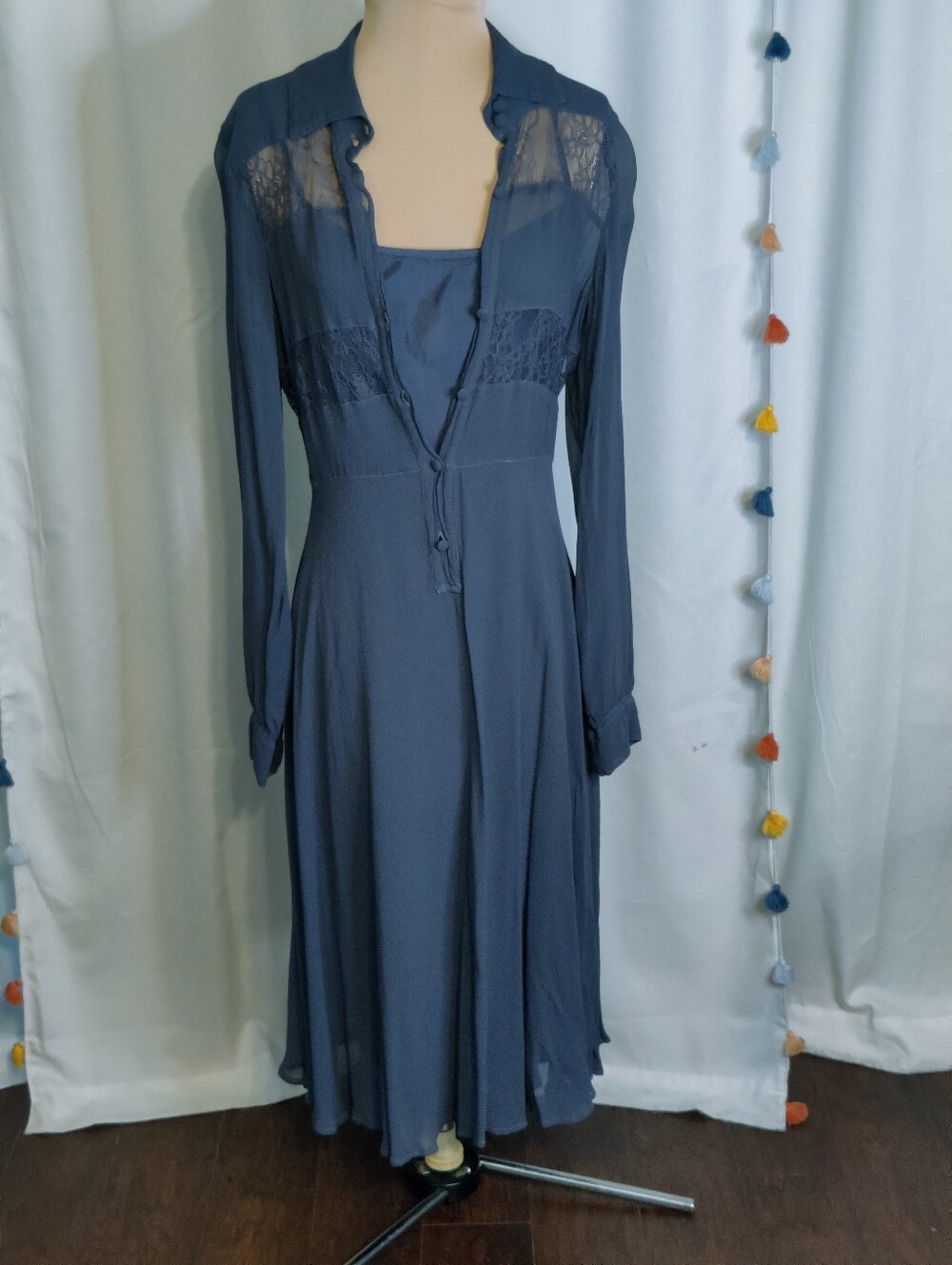 Ghost Stunning 2 Piece Victorian Look Maxi Dress London Lace Insets Gray XS